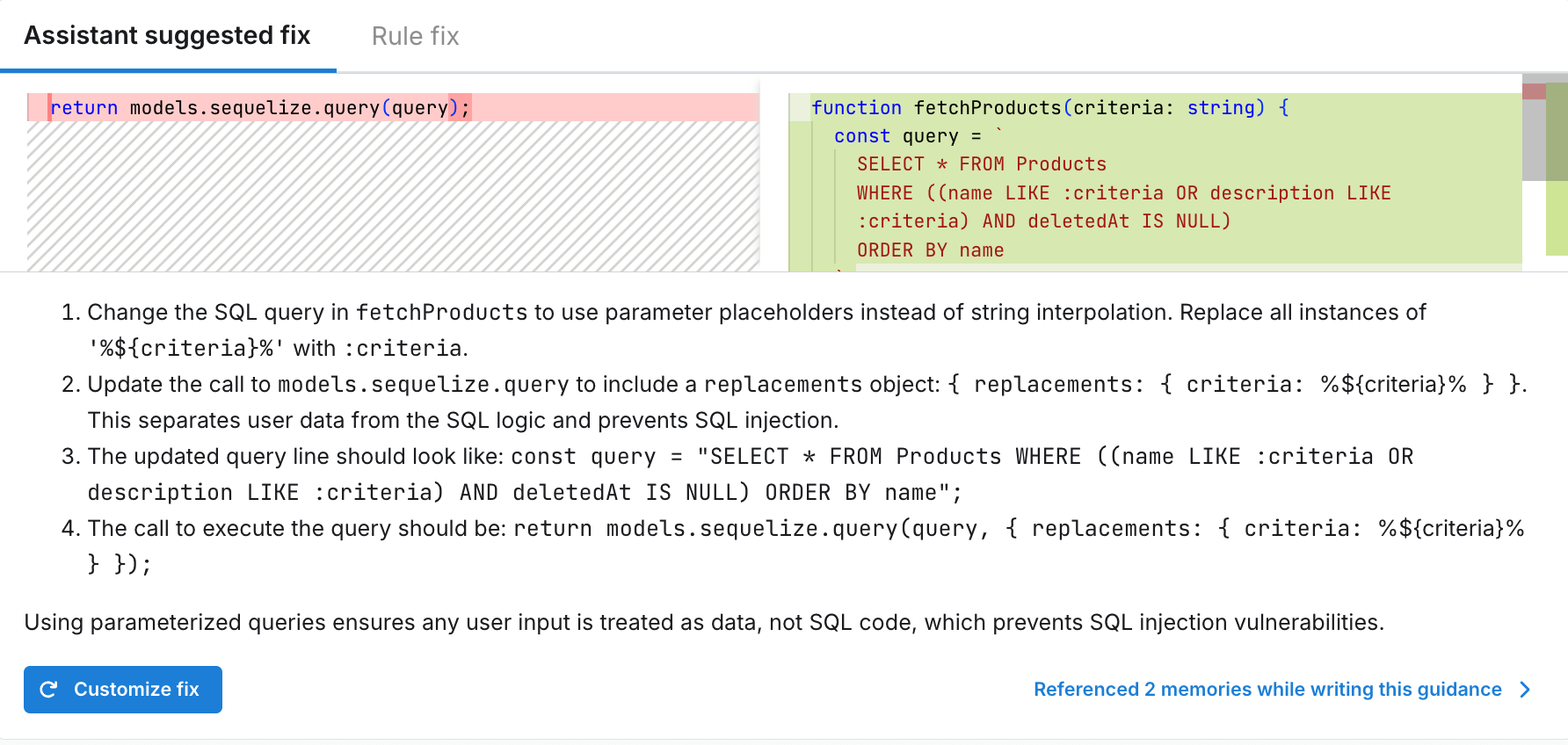 Assistant’s suggested fix for SQL injection issue in the user’s code