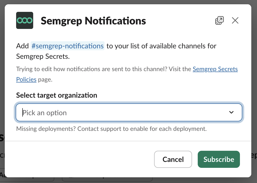 Semgrep Slack app dialog box for subscribing to Secrets notifications