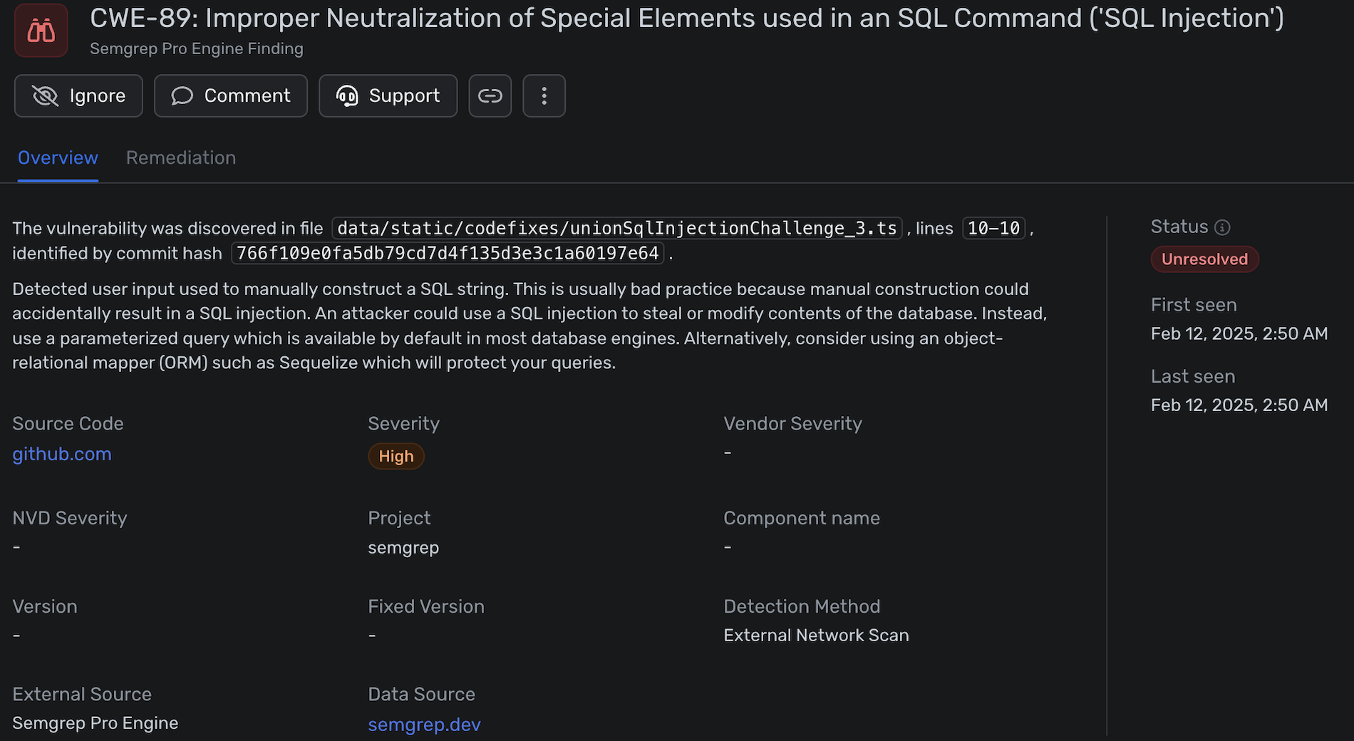 Detailed information for a finding sent by Semgrep to Wiz